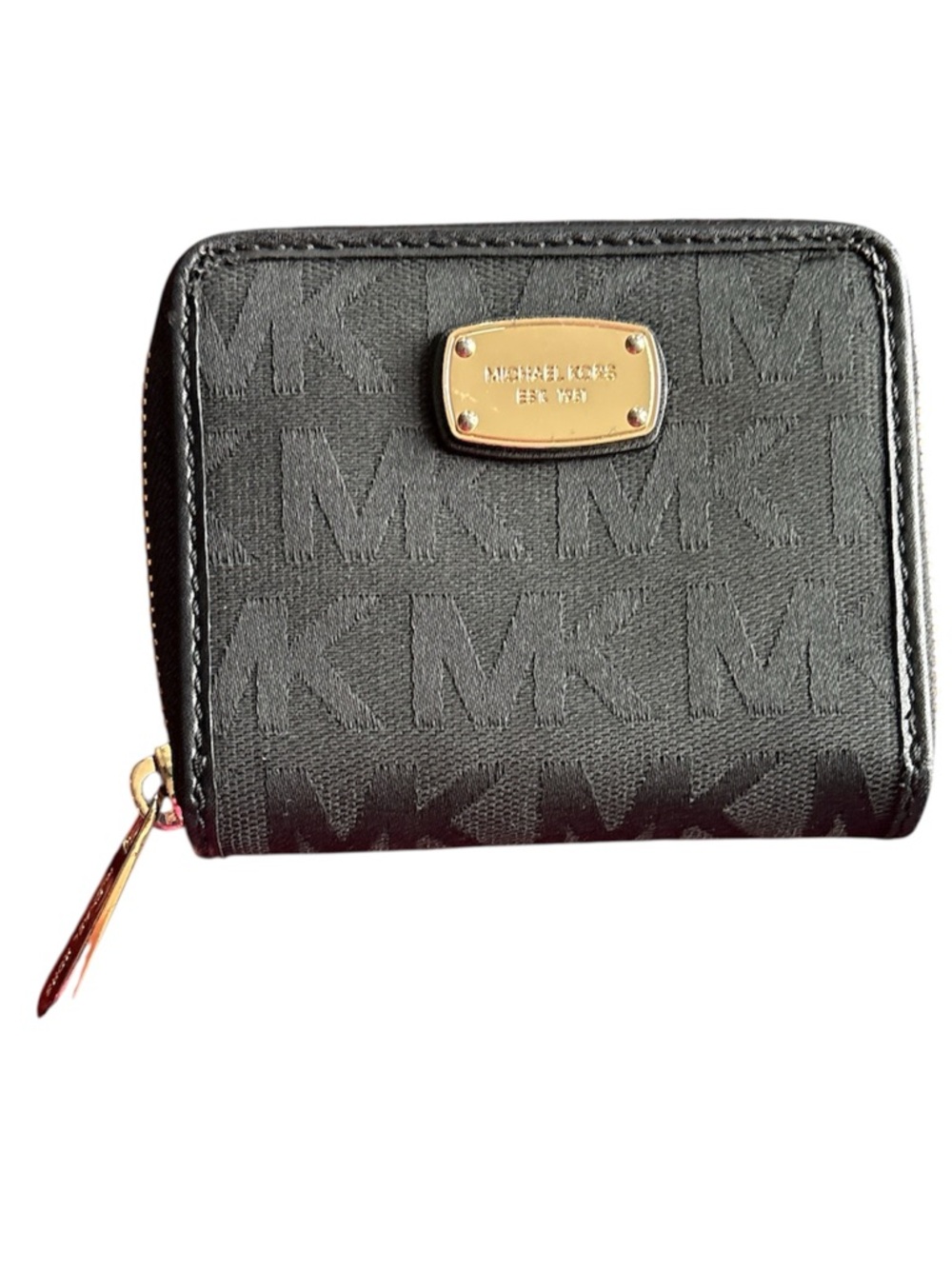 Michael Kors Black Monogram Zip Around Wallet with Gold Hardware